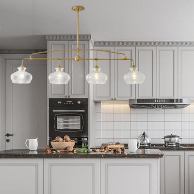 Luminaire d'îlot de cuisine de style industriel moderne avec abat-jour en verre transparent, luminaires suspendus, lustres linéaires, hauteur de suspension réglable, pour la salle à manger, le salon ou la cuisine, finition laiton froid