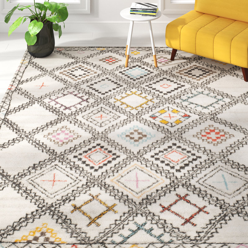 Tapis géométrique en laine / coton noué à la main Raeleigh gris / orange / ivoire, Rectangle 6 pi x 9 pi