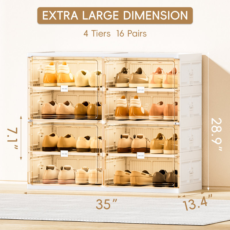  4-Tier Double Column Foldable Shoe Storage Cabinet With Magnetic Doors For Closet Entryway In White