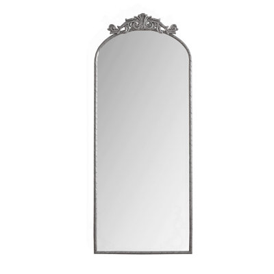 58"X24" Arched Full Body Hanging Wall Mounted Mirror With Vintage Ornate Carved Applique On Top