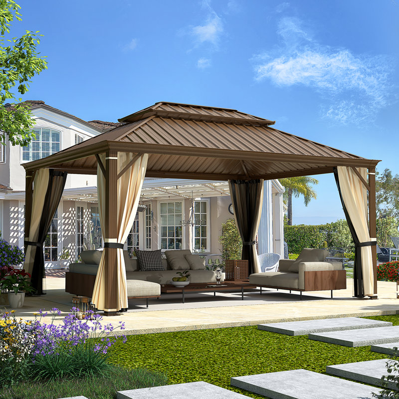 16 Ft. W x 12 Ft. D Hardtop Gazebo, Galvanized Steel Double Roof with Aluminum Frame, Outdoor Gazebo with Curtains and Nettings for Patio, Backyard and Deck