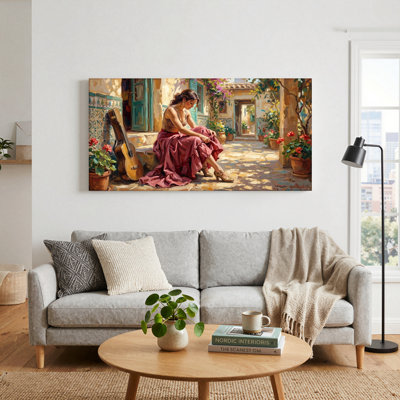 Ensemble de 1 tableau sur toile représentant une cour ensoleillée