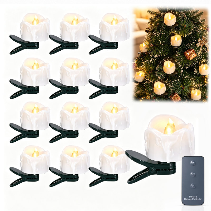 Lot de 12 bougies DEL chauffe-plat sans flamme avec pinces, minuterie, blanc chaud, pour décoration de sapin de Noël