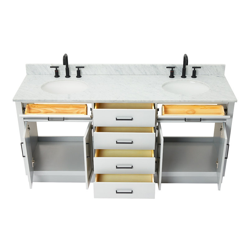 Jameal 72' Solid Wood Double Bathroom Vanity with 0.75' Carrara Marble Top, Ovale, Gris