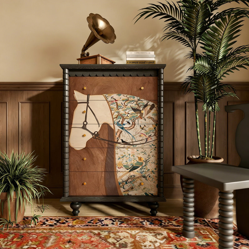 Commode 5 tiroirs en bois massif de style français, Noir