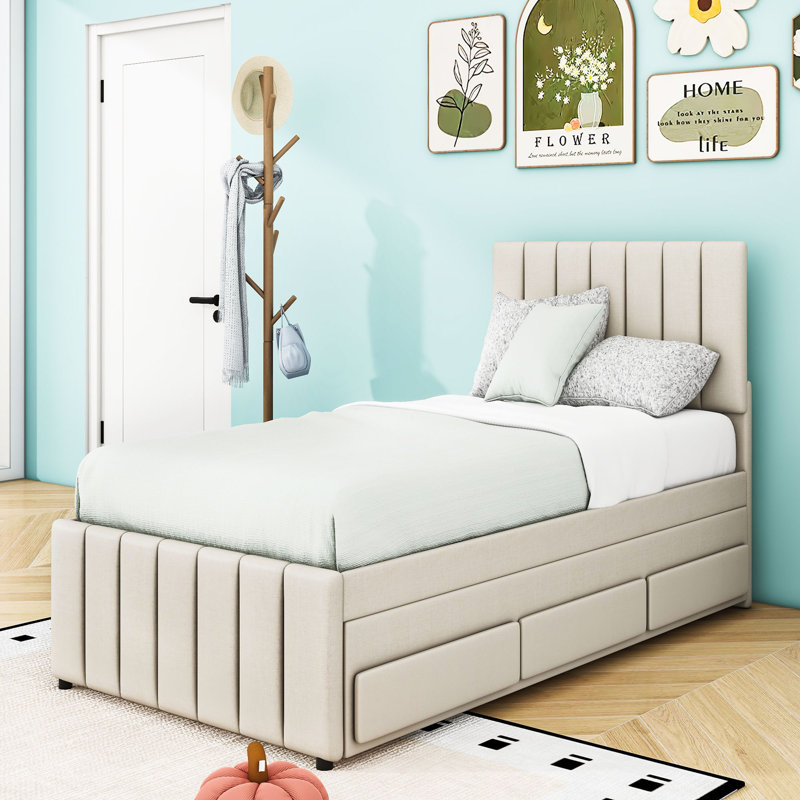 Lit plateforme tapissier à 3 tiroirs avec lit gigogne, Beige, Simple