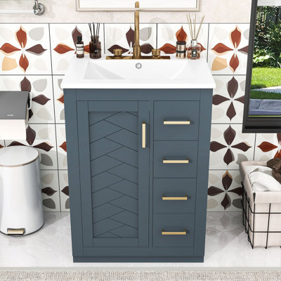Bathroom Vanity with Integrated Ceramic Sink, 3 Drawers and Storage Cabinet for Small Bathrooms