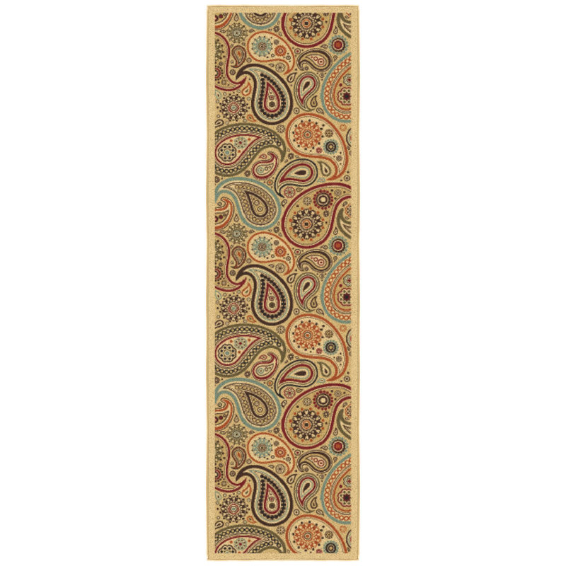 Contemporary Red and Beige Paisley Runner Rug with Non-Slip Backing