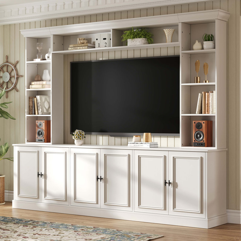 97.4"W 4-Piece Wall Unit Entertainment Center With Bookshelf For Tvs Up To 70", TV Stand With Adjustable Shelf, Mid-Century Media Console With Bridge For Living Room
