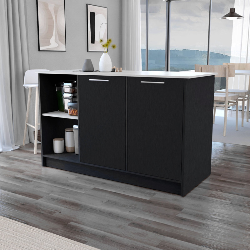 Îlot de cuisine à portes doubles noir et onyx, Noir/gris