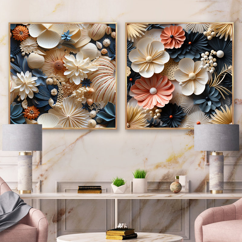 Rondeau - Ensemble de 2 collages carrés floraux, Cadre flottant doré, H 30 po x l 61 po