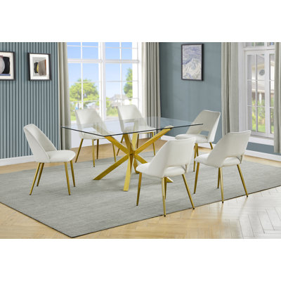 Ensemble de salle à manger rectangulaire en verre 63 po x 39 po avec chaises d'appoint en velours et base dorée