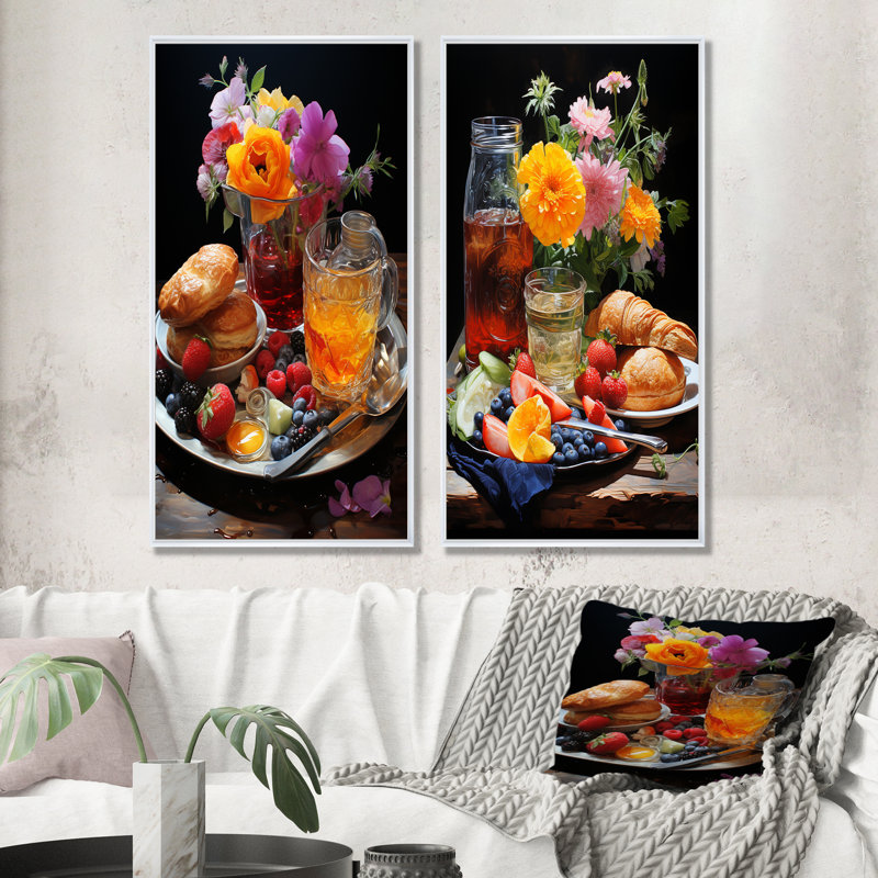 Petit déjeuner harmonie - ensemble de 2 décorations murales déjeuner, H 28 po x l 25 po, Cadre flottant blanc