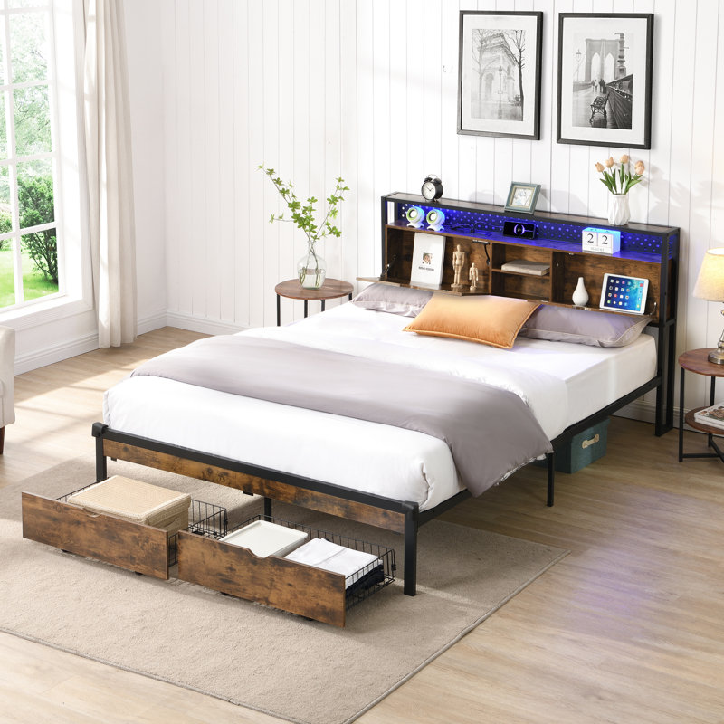 Lit plateforme très grand en métal, tête de lit en bois avec prises de recharge incluses, 2 tiroirs, lumières à DEL, sommier sans assemblage, lit facile à assembler avec tête de lit et charge