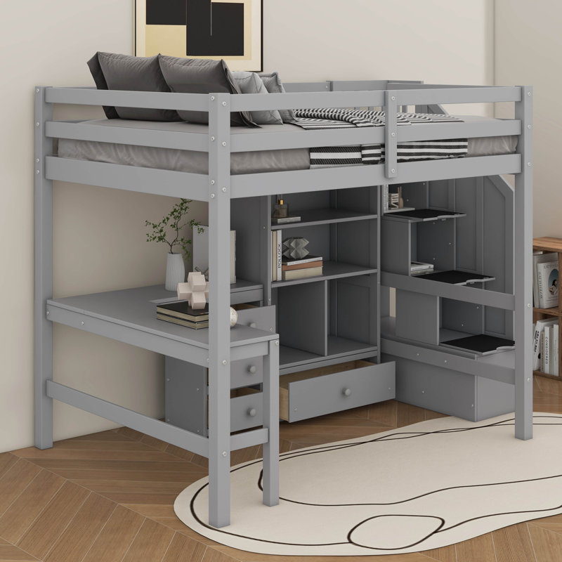 Lit mezzanine double avec bureau et tiroirs, Gris