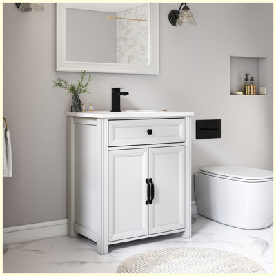 Ensemble de vanité de style moderne du milieu du siècle, 70,6 cm (27,8 po), avec lavabo | Meuble autoportant avec pieds renforcés et surface peinte | Tiroir à couvercle rabattable et poignées en métal