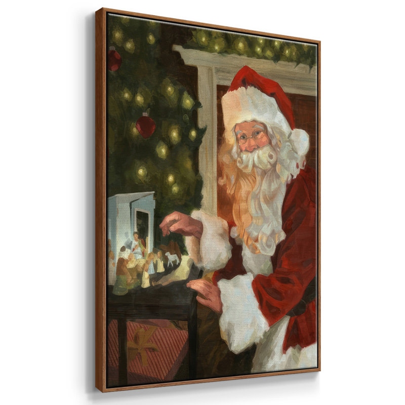 Saint Nick et la Nativité, reproduction d'art sur toile, H 37 po x l 25 po x P 1,5 po, Cadre flottant noyer