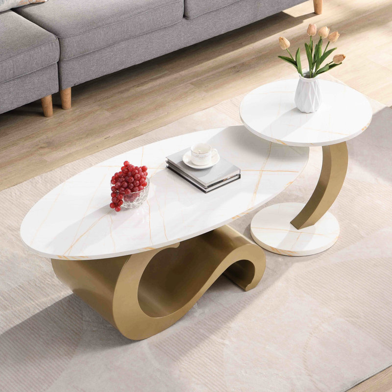 Table basse ovale et ronde dorée pour la maison - 2 pièces, salon, 2 pièces dorées, rondes, design