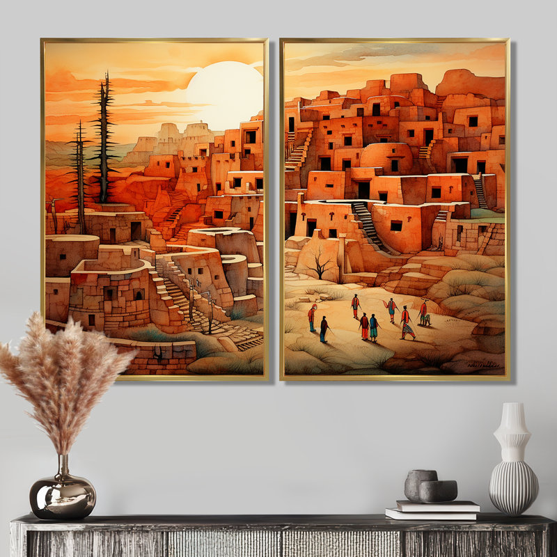 Paysage urbain amérindien - décoration murale mondiale, 36" H x 48" W, Impression encadrée flottante, Gold