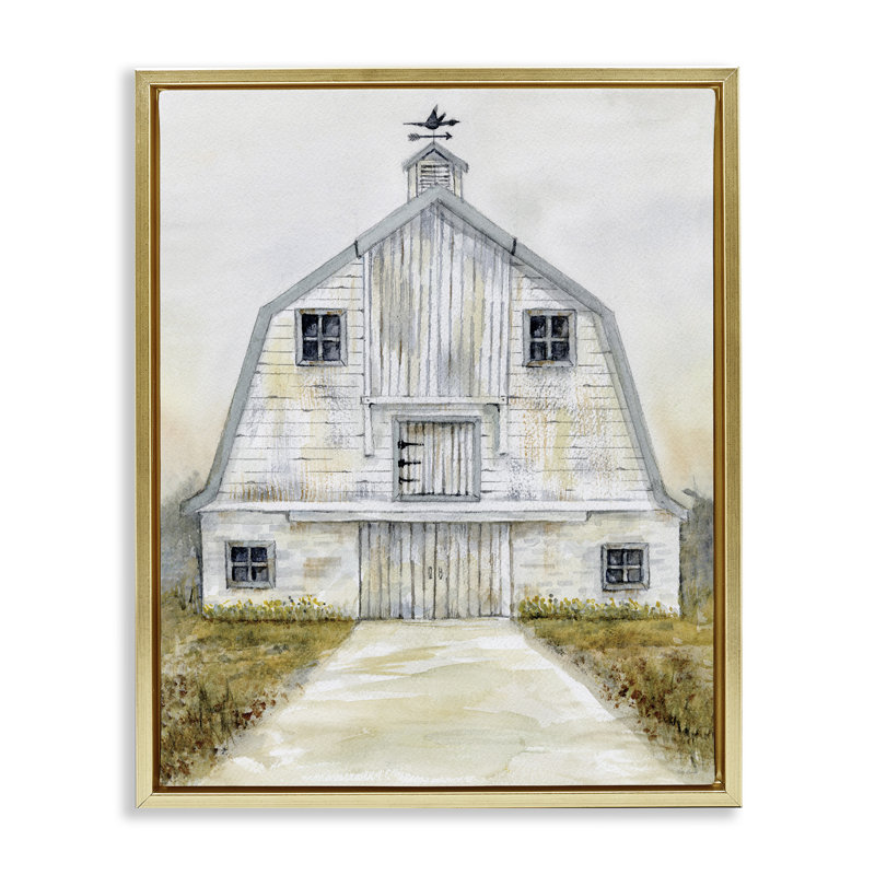 Toile flottante encadrée blanche grange blanche encadrée par Patti Bishop, Cadre flottant métallique doré, H 21 po x l 17 po