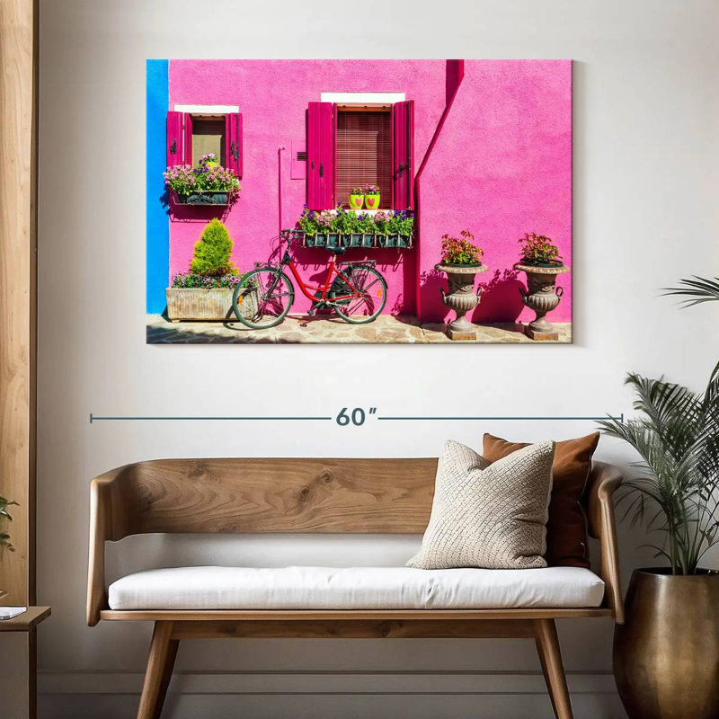 Lilie, maison rose, bicyclette, H 32 po x l 48 po