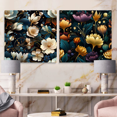 Jewel Tones Flowers Blooms - Ensemble de 2 peintures murales en acrylique