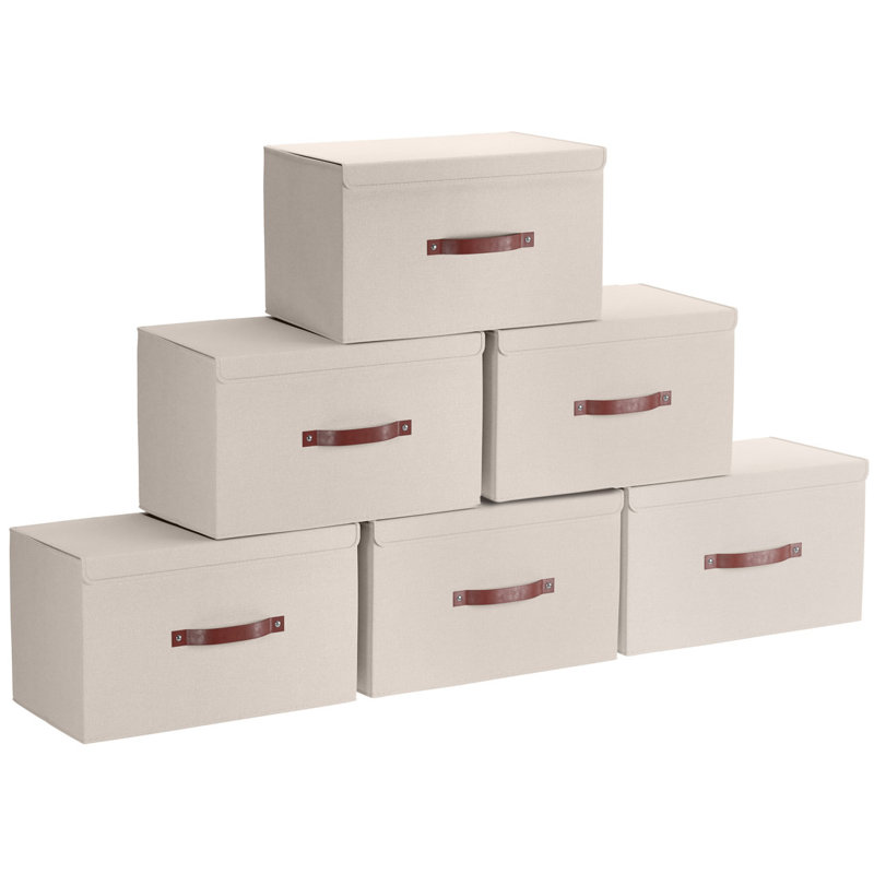 6 Pack Rectangle Storage Shelf Basket Bin with Lid and Leather Handles, Beige, 9" H x 11.8" W x 16.5" D