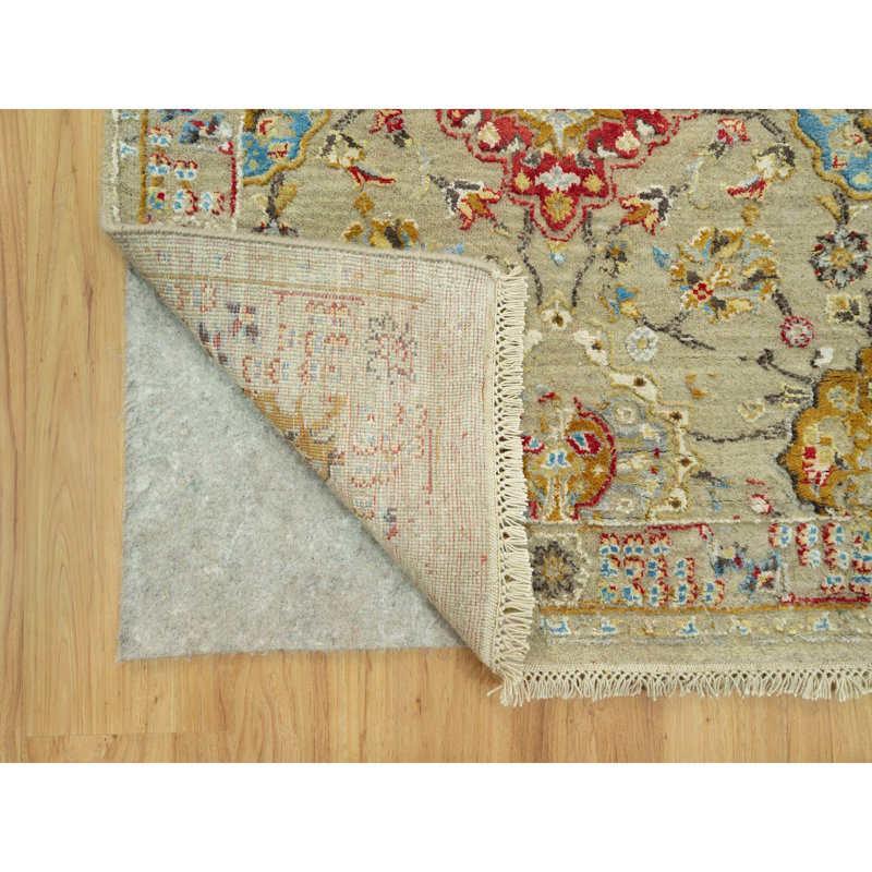 Tapis de couloir oriental beige en laine et en soie noué à la main 2 pi 9 po x 18 pi DB4CDD16F2A449FD8FA083B1F943799D