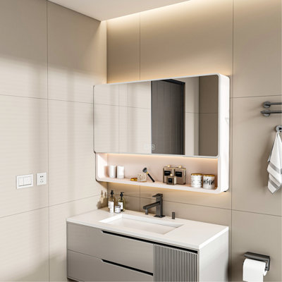 Armoire en aluminium pour miroir pour salle de bain, 35 po x 28 po, DEL avec 3 couleurs, désembuage, rangement pour cosmétiques, espace pour sèche-cheveux, armoire de salle de bain kaki, aluminium, contenant, place