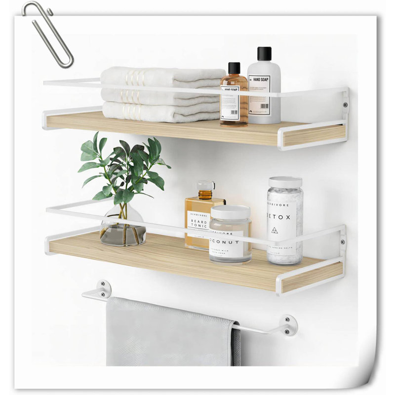 Floating Bathroom Shelves Wall Mounted, Modern Bathroom Organizer with Tower Bar,Set of 2, Natural/White