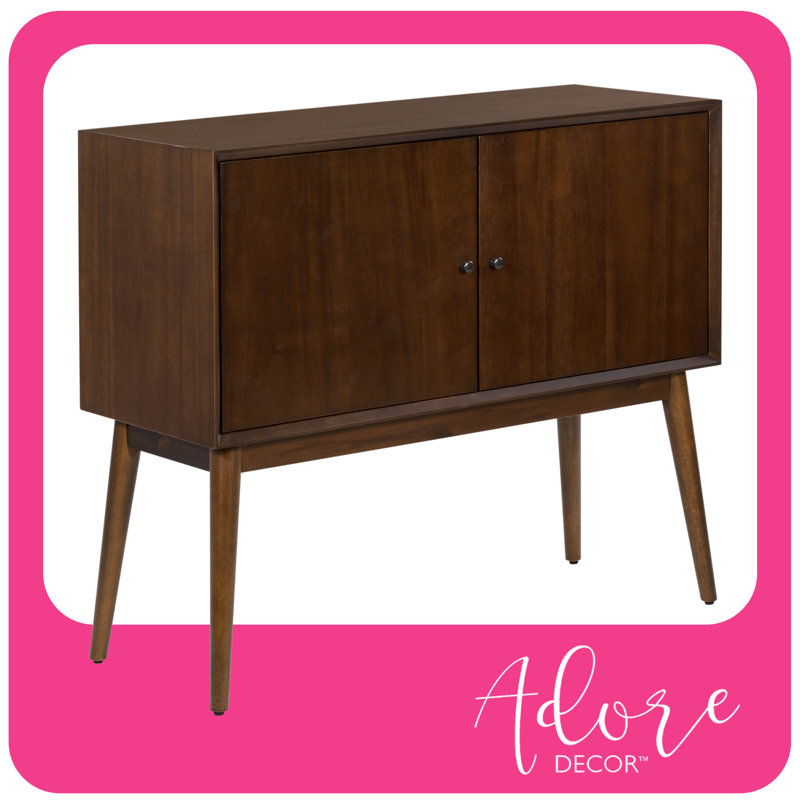 Armoire de rangement à deux portes Adore Decor Brookline Midcentury, console compacte ou buffet, bois teint noyer et quincaillerie à finition antique