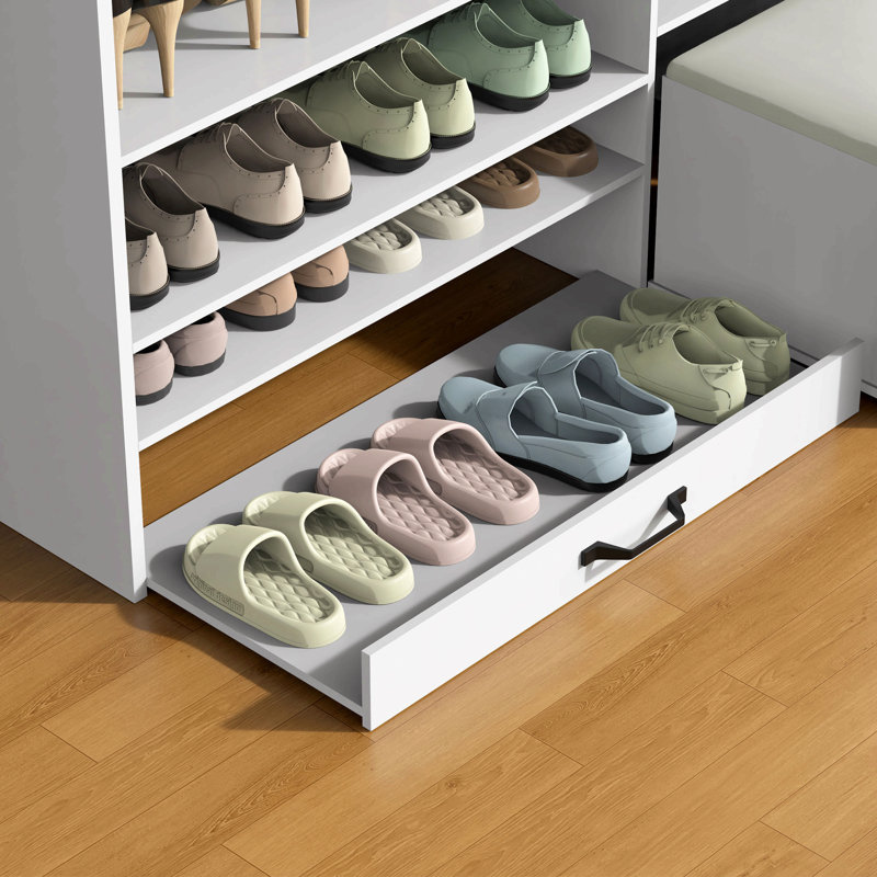 Armoire à chaussures multifonctionnelle avec tablettes réglables, tabouret et tiroir rétractable, offrant un rangement flexible pour divers articles et une conception peu encombrante