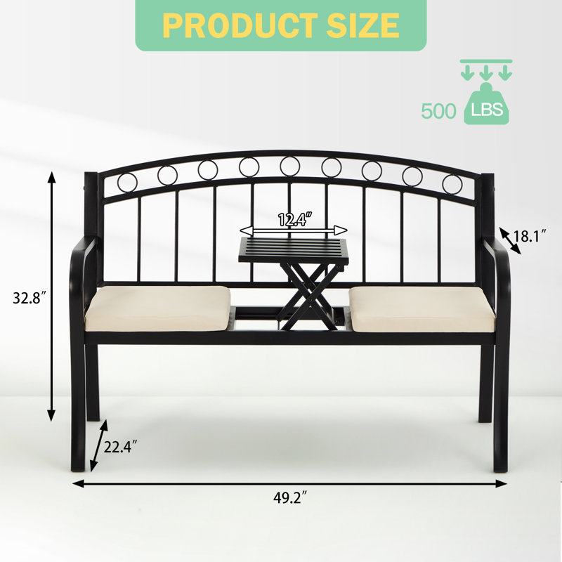 Black Metal 2-Seat Outdoor Bench with Pullout Table and Cushions
