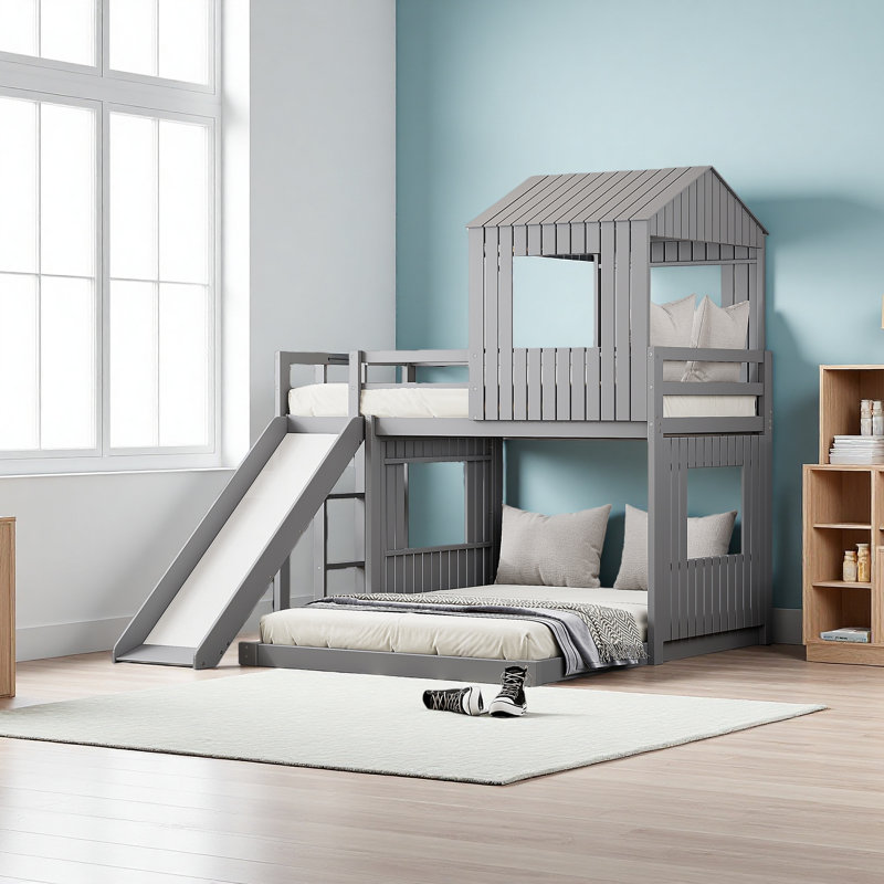 Lit superposé simple au dessus d'un lit double en bois, Gris