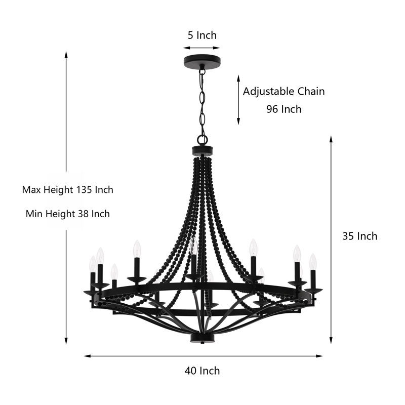 Mattheo 12-Light Dimmable Steel Candle Style Wagon Wheel Chandelier with Wood Beads, Black