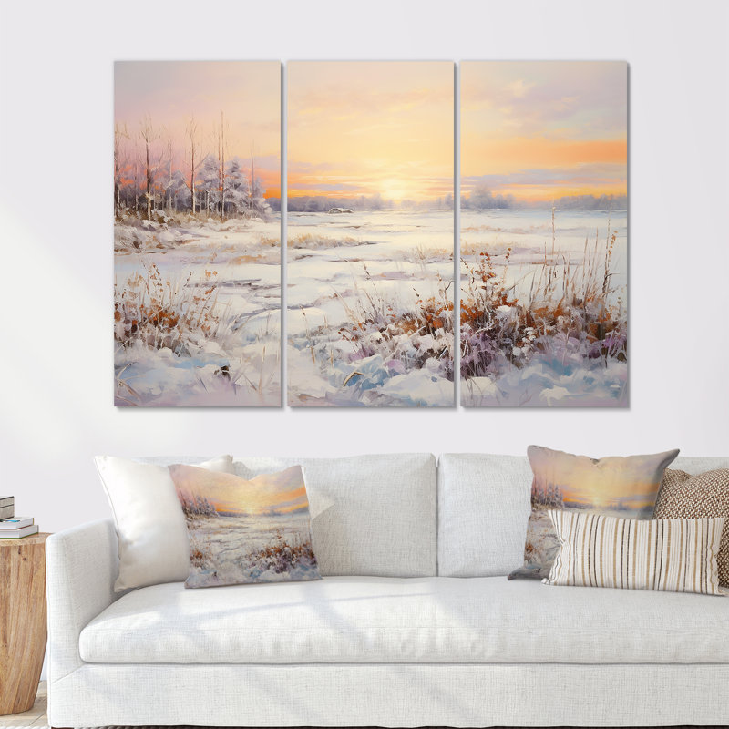 Hiver neige lever de soleil au bord du lac - ensemble de salon d'art mural neige, Toile tendue, H 28 po x l 36 po x P 1 po