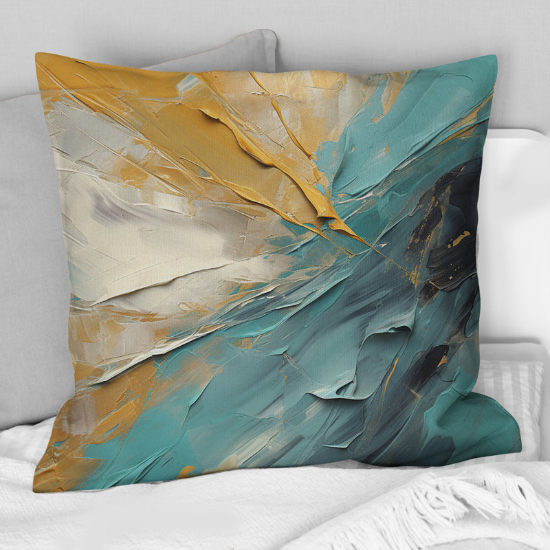 Joy of Peace, peinture abstraite or bleu clair - Coussin décoratif avec peinture abstraite