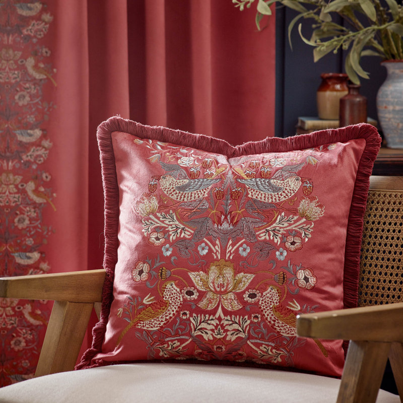 Strawberry Thief Floral Square Cushion Cover, Red Floral