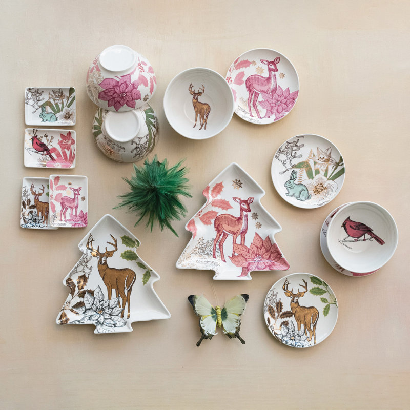 Stoneware Tree Shaped Plate Set With Flora/Fauna Pattern And Electroplating