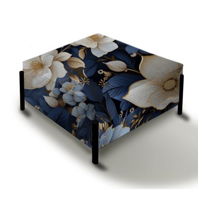 White Blue Nightfall Floral Elegance I - Floral Large Square Ottoman