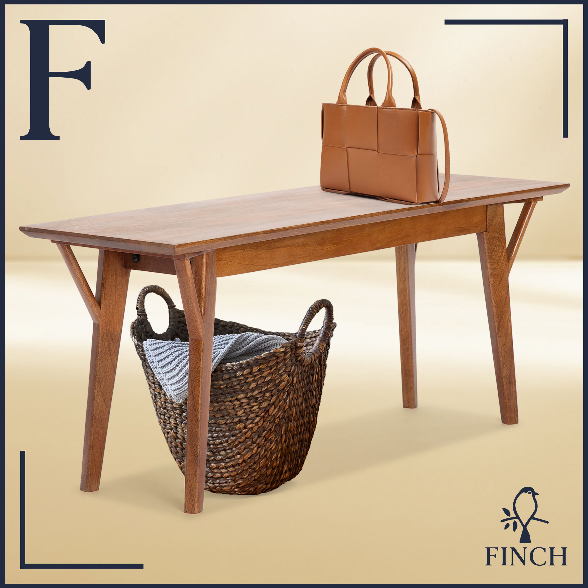 Finch Bennett Stratford Mid Century Entryway Bench, Solid Wood