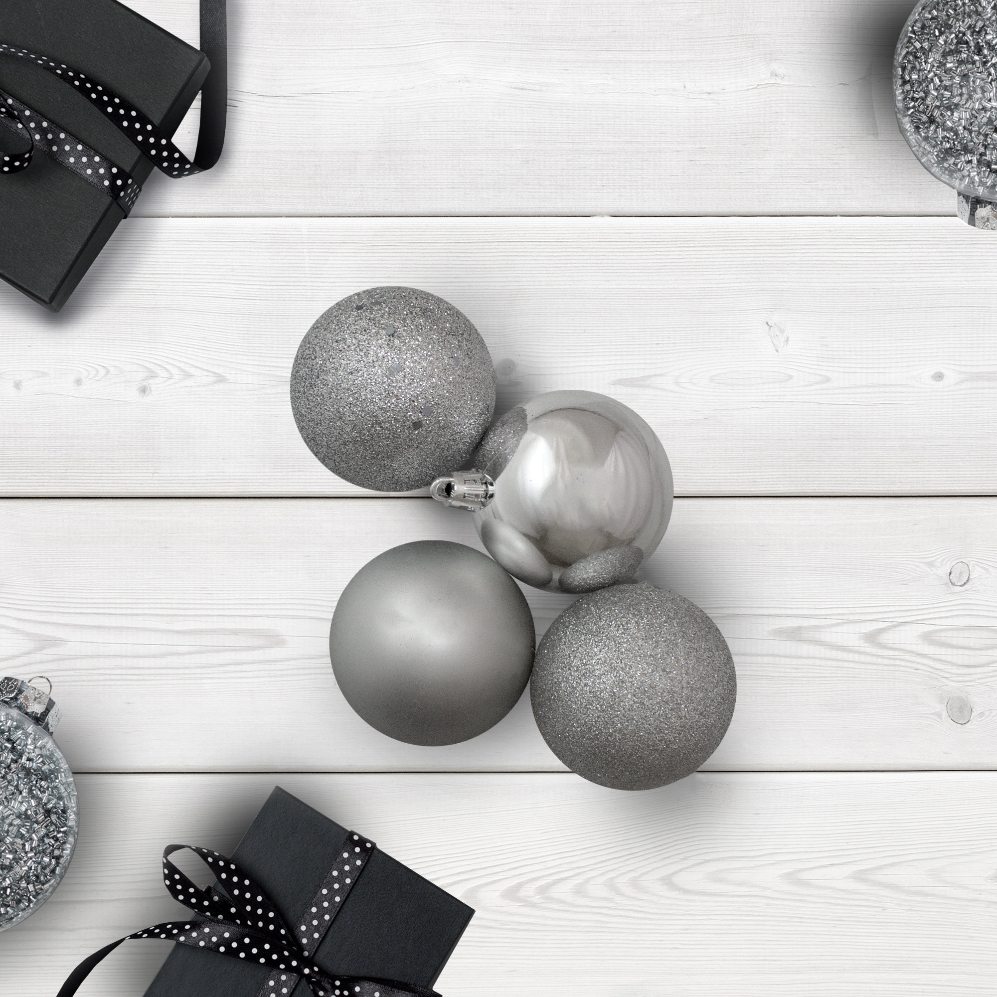 24ct Shatterproof 4-Finish Christmas Ball Ornaments, Gunmetal Gray