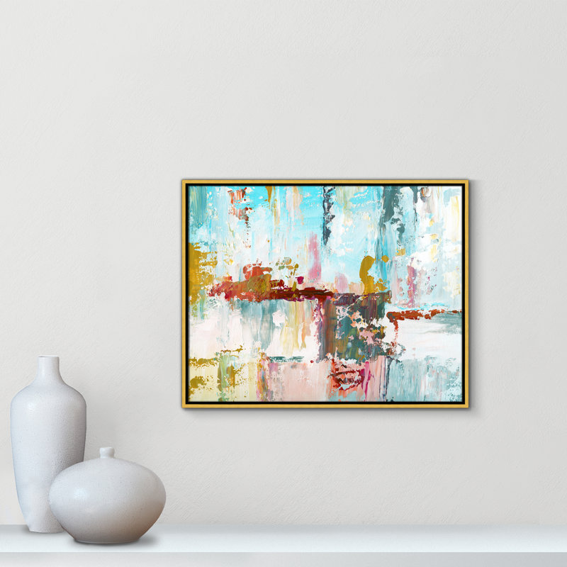 «Bola Color Block Splash» par Nan - reproduction de cadre flottant sur toile, H 23,5 po x l 29,5 po x P 2 po, Doré