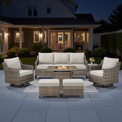 Ensemble de meubles de patio 7 pièces avec table de foyer, ensemble de conversation de patio en osier avec chaises berçantes pivotantes, ensemble de patio extérieur pour porche de jardin