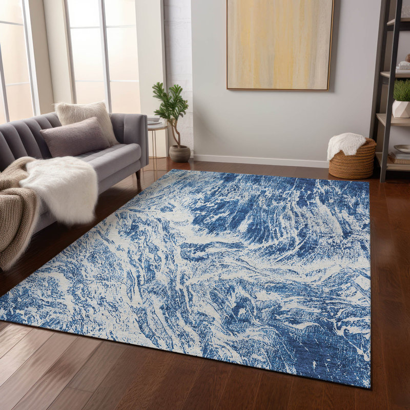 Tapis ivoire / bleu marine en polyester tissé à la machine Chayden, Rectangle 2 pi 6 po x 3 pi 10 po