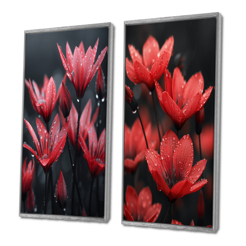 Monochromes rouges, noirs, pissenlits, gouttes de pluie, H 32 po x l 32 po, Impression encadrée, Argent argent