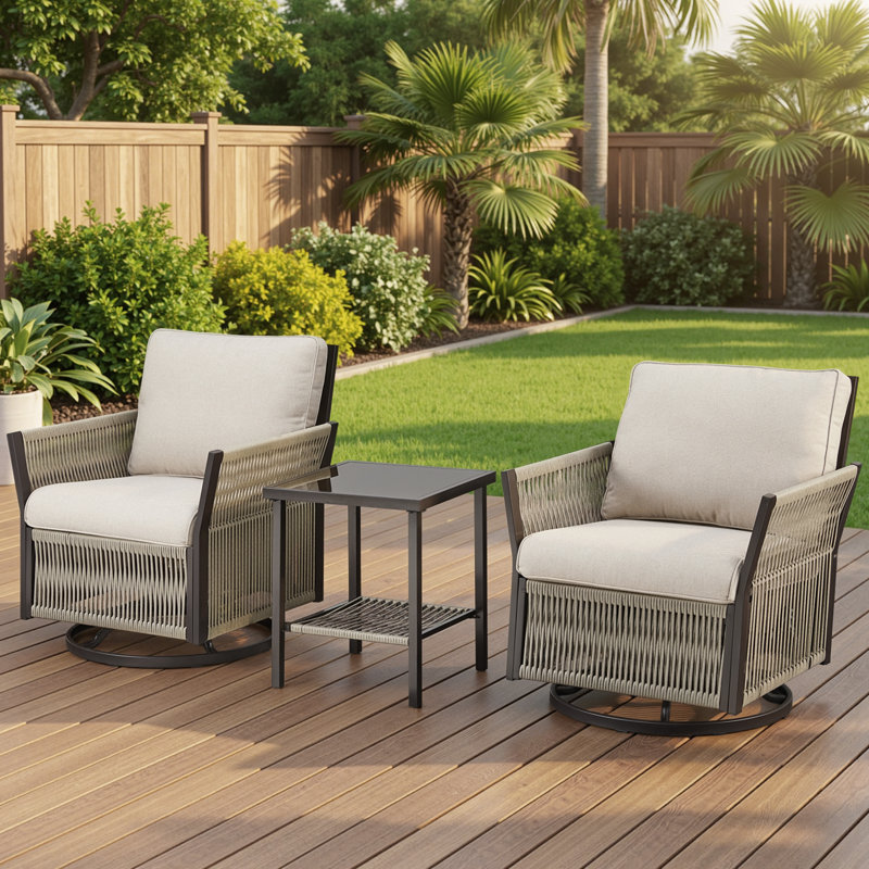 3 Piece Outdoor Wicker Rope Woven Swivel Chair Set with Side Table, Beige