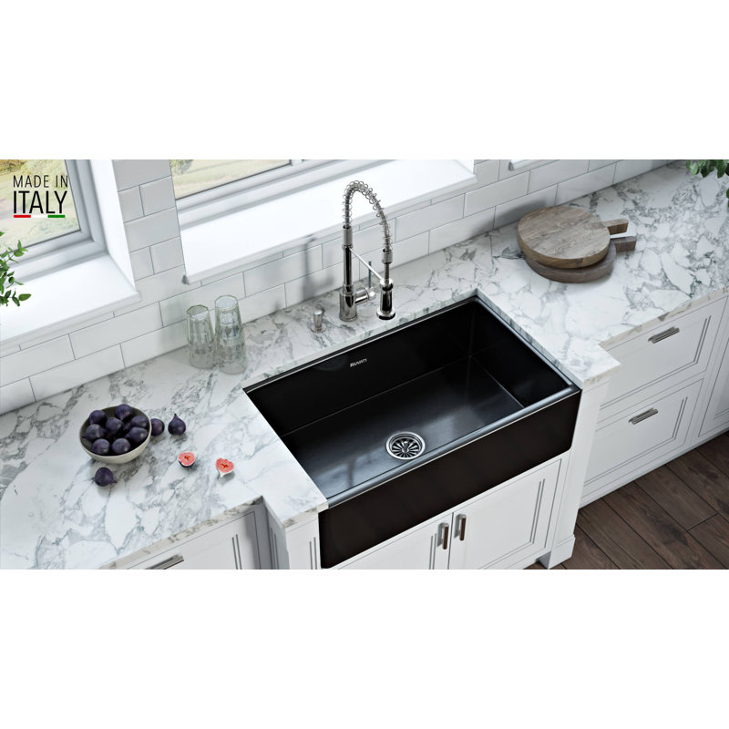 Fiamma 33" L x 20" W Farmhouse Kitchen Sink with Sink Grid and Drain Assembly, Glossy Black