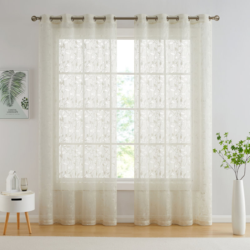 Floral Semi-Sheer Grommet Window Curtain Panels Set, Ivory, 54" W x 96" L