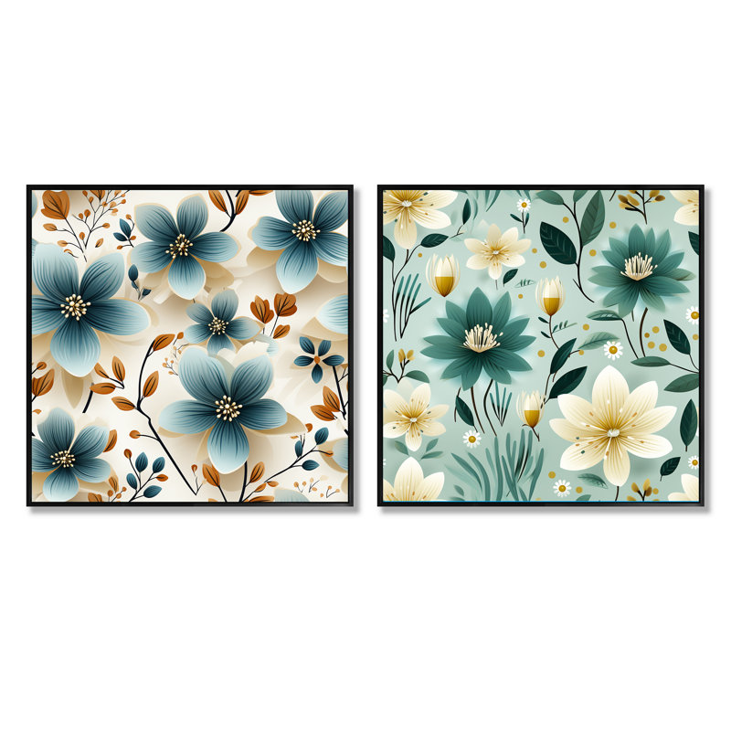 Brooklet - Ensemble de 2 collages carrés floraux, Cadre flottant noir, H 16 po x l 33 po